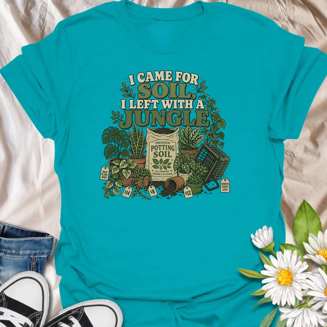 Celebrate an accidental plant haul with this “I Came for Soil, I Left With a Jungle” T-shirt. Featuring a bag of potting soil surrounded by lush houseplants and price tags, it is perfect for devoted plant shoppers. A funny gift for anyone whose quick nursery visit becomes a full indoor jungle.