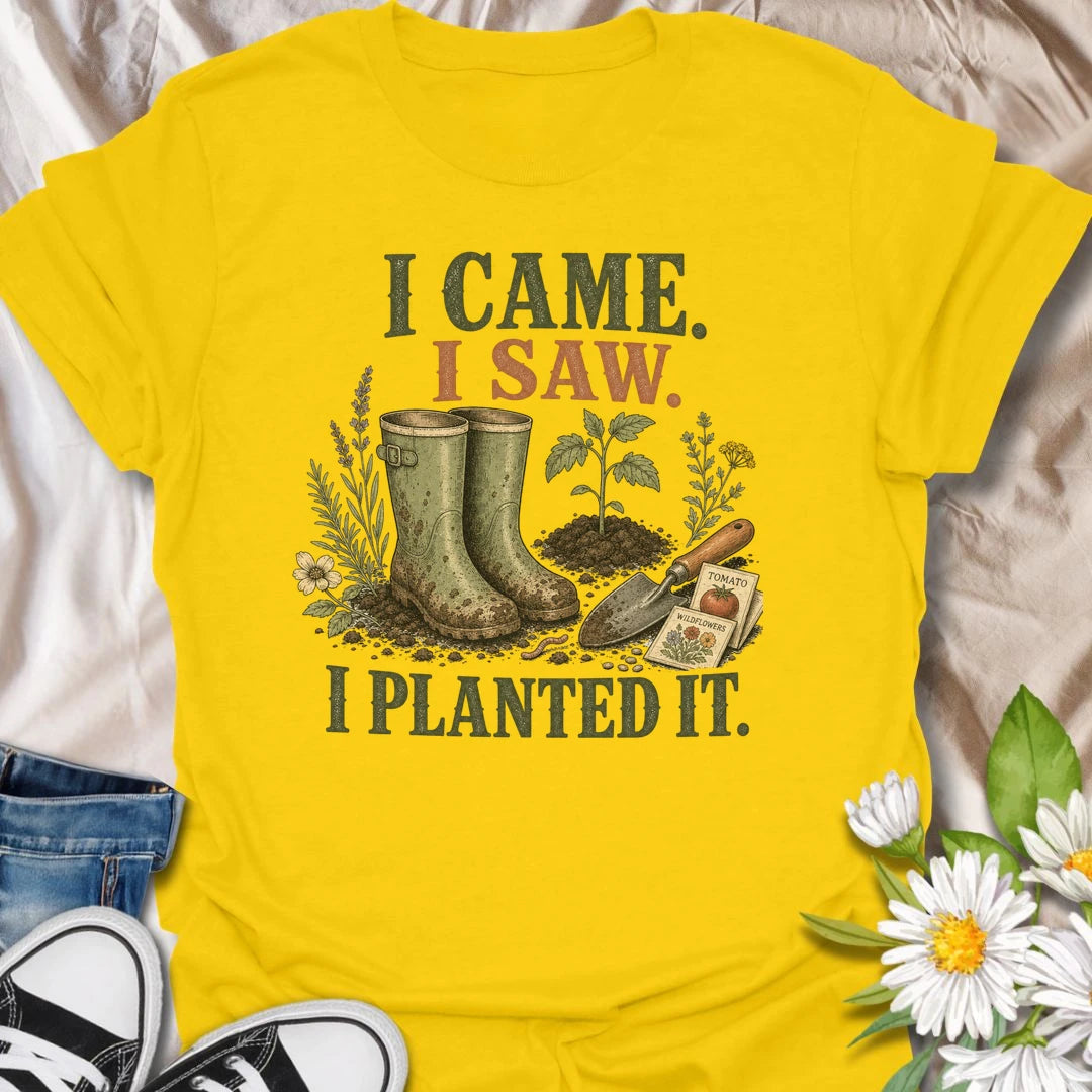 This I Came I Saw I Planted It t-shirt is perfect for gardeners who believe every empty patch of dirt is an opportunity. Featuring garden boots, a watering can, flowers, seed packets, and bold vintage-style text, this funny gardening design is great for plant lovers, backyard growers, flower gardeners, vegetable gardeners, and anyone who can’t resist planting something new.