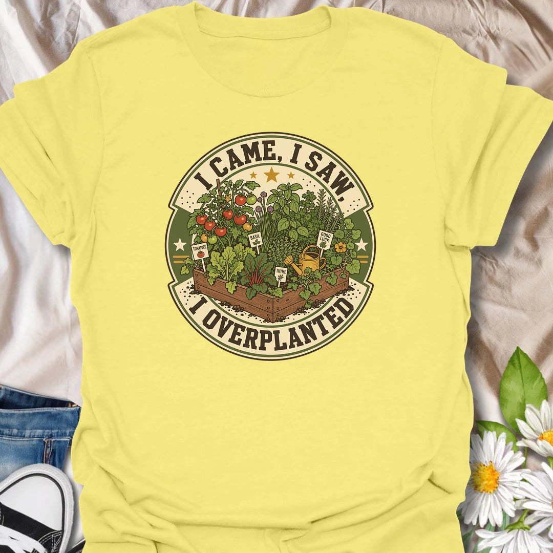 Funny gardening t-shirt for plant lovers who always go a little overboard in the garden.
Features a raised bed full of herbs and vegetables with a playful “I came, I saw, I overplanted” message.
A great gift for gardeners, veggie growers, herb lovers, and anyone who can never plant just enough.