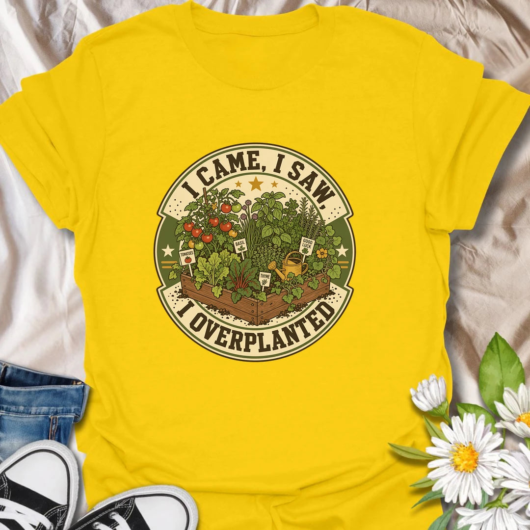 Funny gardening t-shirt for plant lovers who always go a little overboard in the garden.
Features a raised bed full of herbs and vegetables with a playful “I came, I saw, I overplanted” message.
A great gift for gardeners, veggie growers, herb lovers, and anyone who can never plant just enough.