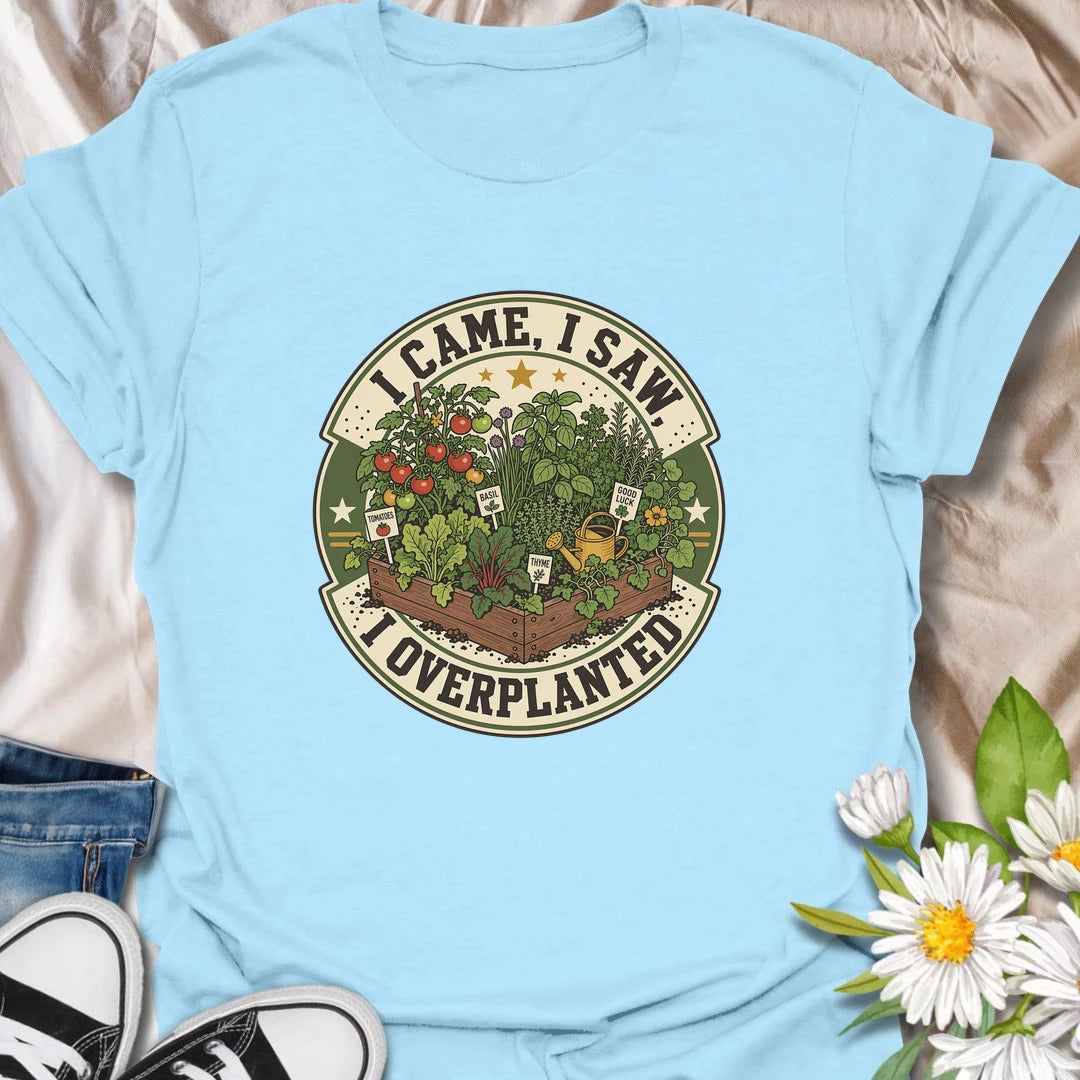 Funny gardening t-shirt for plant lovers who always go a little overboard in the garden.
Features a raised bed full of herbs and vegetables with a playful “I came, I saw, I overplanted” message.
A great gift for gardeners, veggie growers, herb lovers, and anyone who can never plant just enough.