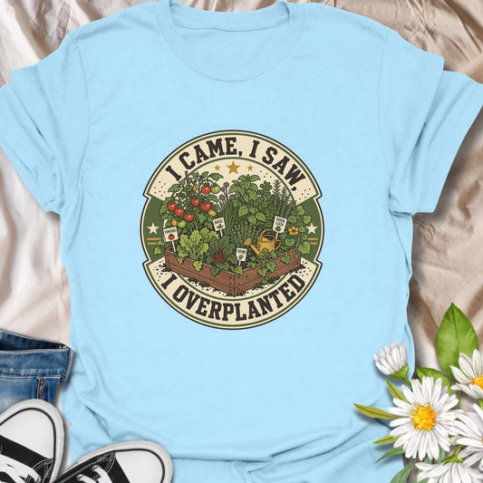 Funny gardening t-shirt for plant lovers who always go a little overboard in the garden.
Features a raised bed full of herbs and vegetables with a playful “I came, I saw, I overplanted” message.
A great gift for gardeners, veggie growers, herb lovers, and anyone who can never plant just enough.