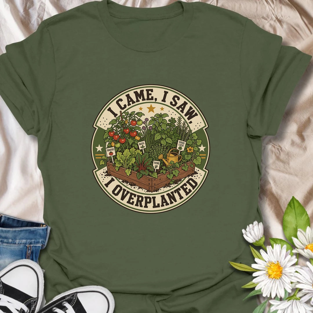 Funny gardening t-shirt for plant lovers who always go a little overboard in the garden.
Features a raised bed full of herbs and vegetables with a playful “I came, I saw, I overplanted” message.
A great gift for gardeners, veggie growers, herb lovers, and anyone who can never plant just enough.
