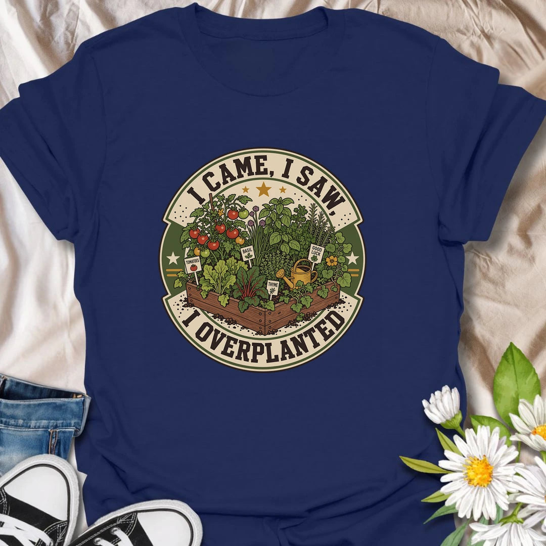 Funny gardening t-shirt for plant lovers who always go a little overboard in the garden.
Features a raised bed full of herbs and vegetables with a playful “I came, I saw, I overplanted” message.
A great gift for gardeners, veggie growers, herb lovers, and anyone who can never plant just enough.