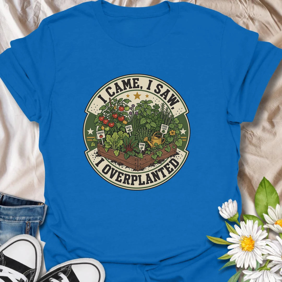 Funny gardening t-shirt for plant lovers who always go a little overboard in the garden.
Features a raised bed full of herbs and vegetables with a playful “I came, I saw, I overplanted” message.
A great gift for gardeners, veggie growers, herb lovers, and anyone who can never plant just enough.
