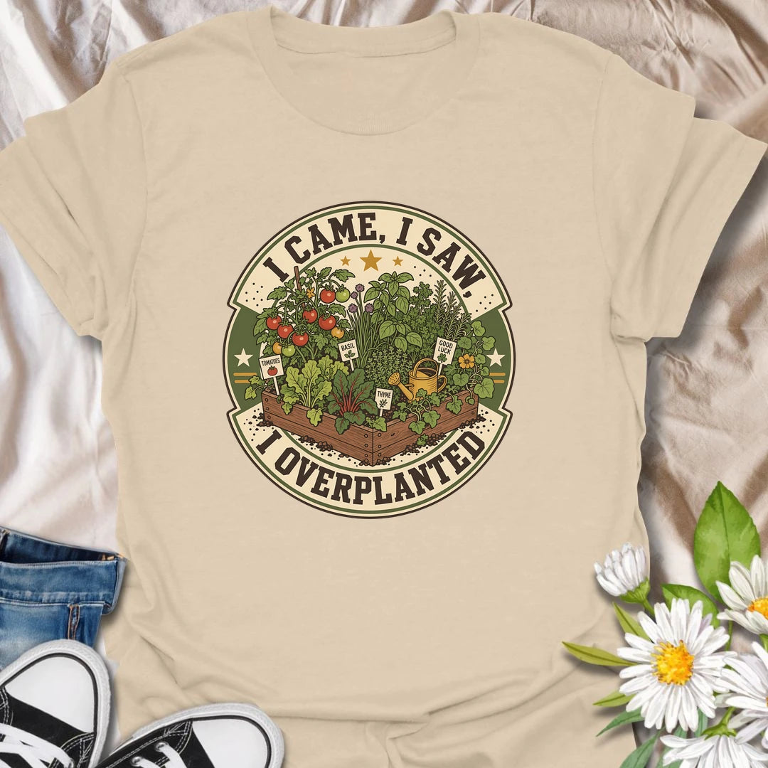 Funny gardening t-shirt for plant lovers who always go a little overboard in the garden.
Features a raised bed full of herbs and vegetables with a playful “I came, I saw, I overplanted” message.
A great gift for gardeners, veggie growers, herb lovers, and anyone who can never plant just enough.