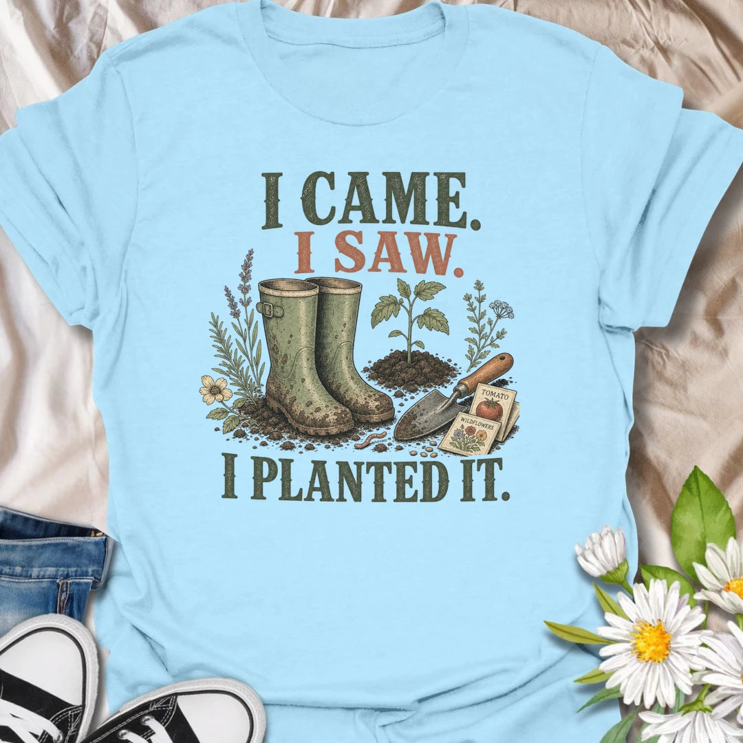 This I Came I Saw I Planted It t-shirt is perfect for gardeners who believe every empty patch of dirt is an opportunity. Featuring garden boots, a watering can, flowers, seed packets, and bold vintage-style text, this funny gardening design is great for plant lovers, backyard growers, flower gardeners, vegetable gardeners, and anyone who can’t resist planting something new.