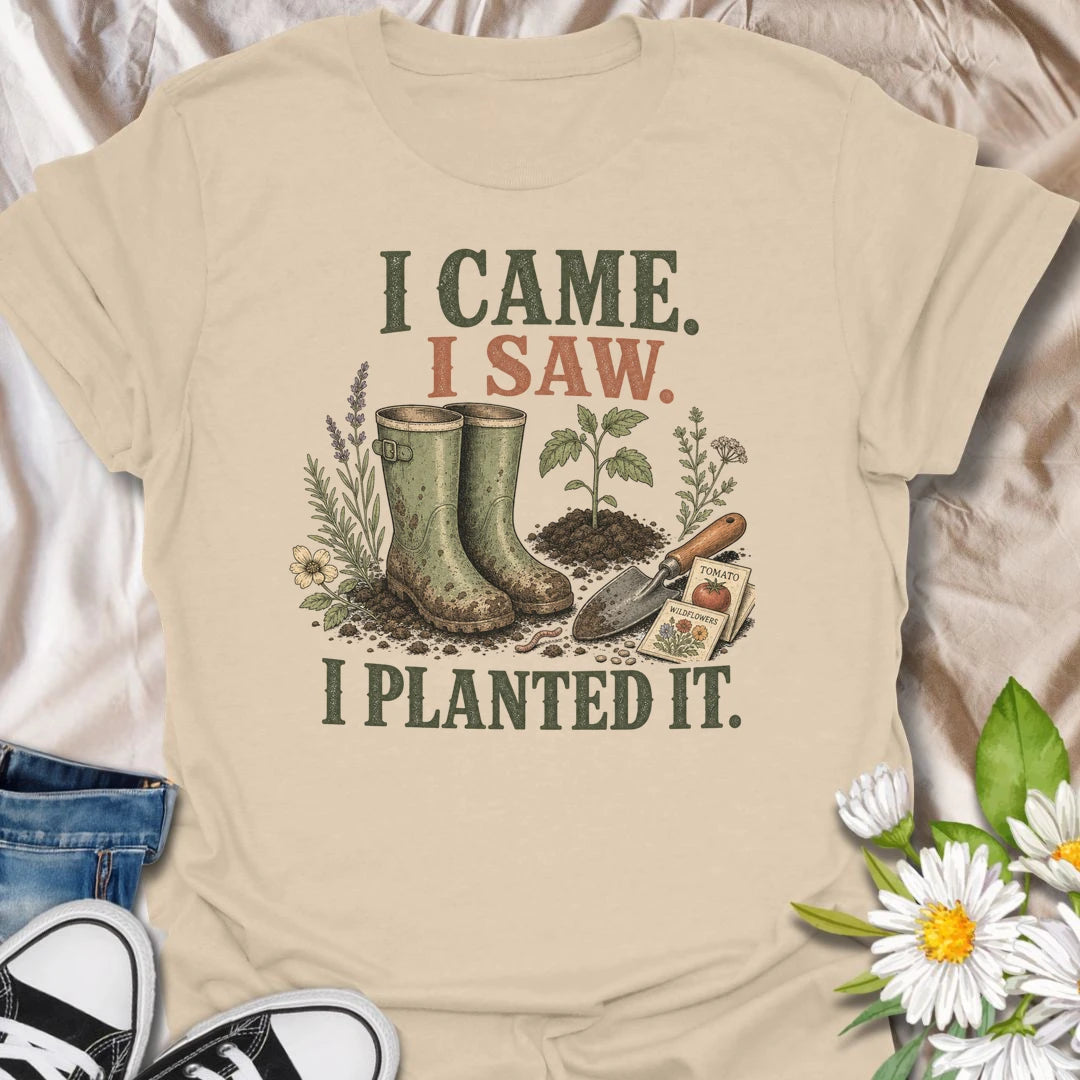 This I Came I Saw I Planted It t-shirt is perfect for gardeners who believe every empty patch of dirt is an opportunity. Featuring garden boots, a watering can, flowers, seed packets, and bold vintage-style text, this funny gardening design is great for plant lovers, backyard growers, flower gardeners, vegetable gardeners, and anyone who can’t resist planting something new.
