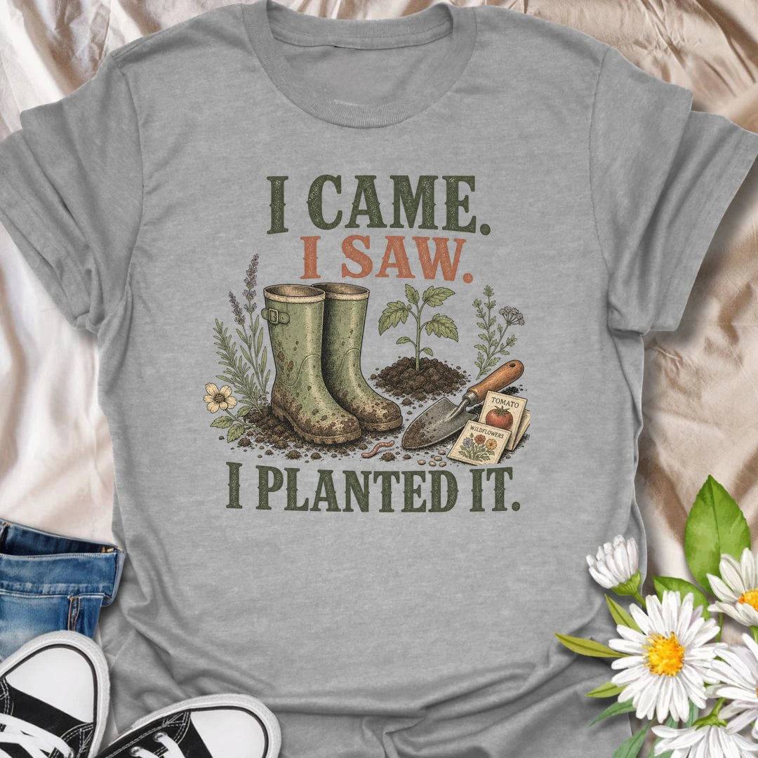 This I Came I Saw I Planted It t-shirt is perfect for gardeners who believe every empty patch of dirt is an opportunity. Featuring garden boots, a watering can, flowers, seed packets, and bold vintage-style text, this funny gardening design is great for plant lovers, backyard growers, flower gardeners, vegetable gardeners, and anyone who can’t resist planting something new.