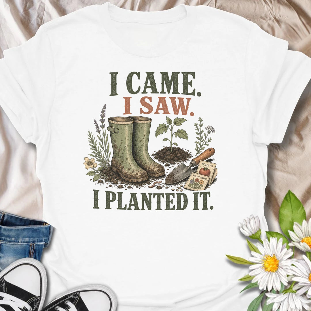 This I Came I Saw I Planted It t-shirt is perfect for gardeners who believe every empty patch of dirt is an opportunity. Featuring garden boots, a watering can, flowers, seed packets, and bold vintage-style text, this funny gardening design is great for plant lovers, backyard growers, flower gardeners, vegetable gardeners, and anyone who can’t resist planting something new.