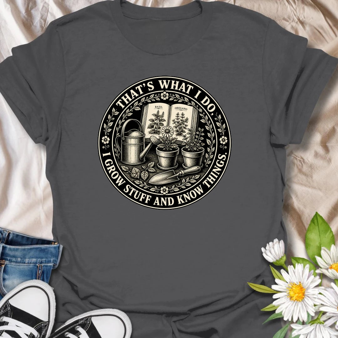 Funny gardening t-shirt with a vintage botanical badge design, perfect for plant lovers, herb gardeners, and anyone who grows stuff and knows things.