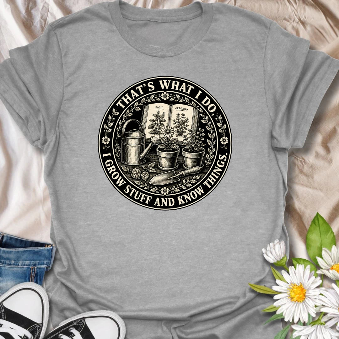 Funny gardening t-shirt with a vintage botanical badge design, perfect for plant lovers, herb gardeners, and anyone who grows stuff and knows things.