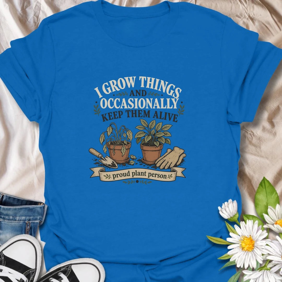 Funny gardening t-shirt for anyone who grows things and occasionally keeps them alive.
Features potted plants, gardening gloves, and a playful message that plant lovers will instantly relate to.
A fun gift for gardeners, beginner plant parents, and anyone with a realistic green thumb.