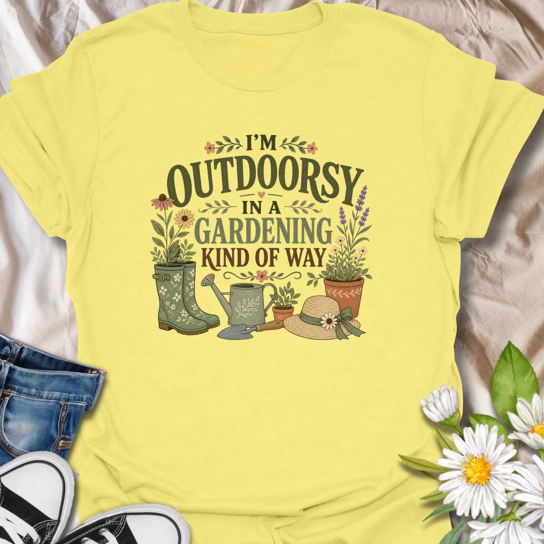 Funny gardening t-shirt for anyone who is outdoorsy only in a gardening kind of way.
Features a charming botanical layout with garden boots, flowers, a watering can, and a sun hat.
Perfect for gardeners, flower lovers, and women who love being outside with plants instead of hiking trails.