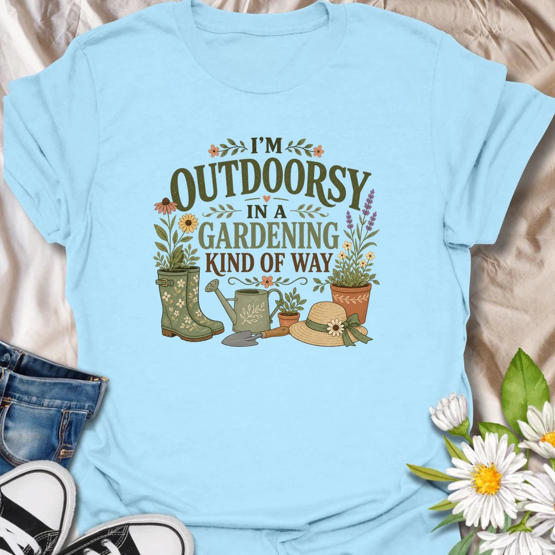 Funny gardening t-shirt for anyone who is outdoorsy only in a gardening kind of way.
Features a charming botanical layout with garden boots, flowers, a watering can, and a sun hat.
Perfect for gardeners, flower lovers, and women who love being outside with plants instead of hiking trails.