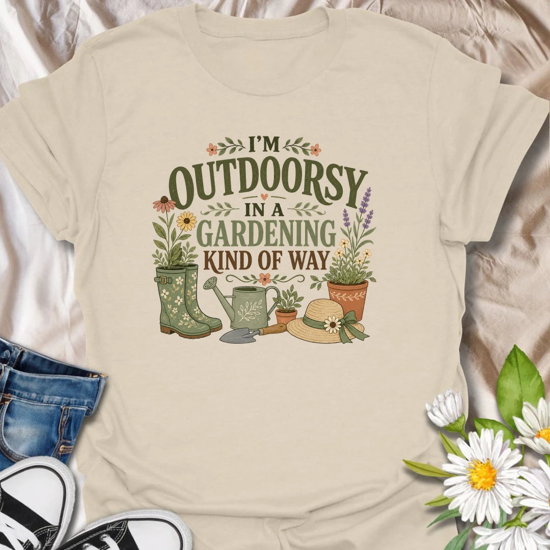 Funny gardening t-shirt for anyone who is outdoorsy only in a gardening kind of way.
Features a charming botanical layout with garden boots, flowers, a watering can, and a sun hat.
Perfect for gardeners, flower lovers, and women who love being outside with plants instead of hiking trails.