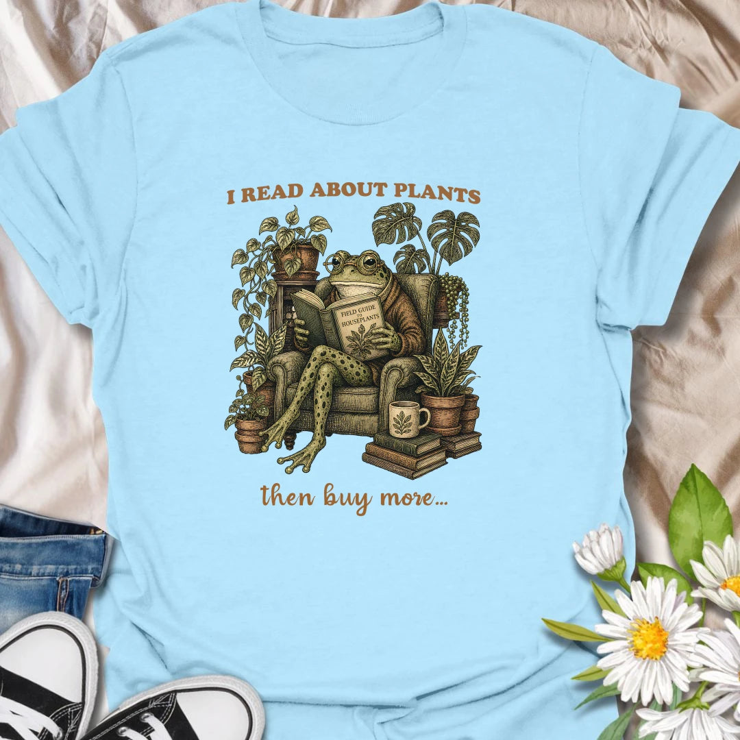 This I Read About Plants t-shirt is perfect for houseplant lovers who enjoy field guides, plant care research, and cozy botanical corners. Featuring a vintage-style frog reading a houseplant guide while surrounded by lush potted plants, books, and a mug, this design is great for plant moms, plant dads, indoor gardeners, frog lovers, and anyone who treats plant care like a serious hobby.