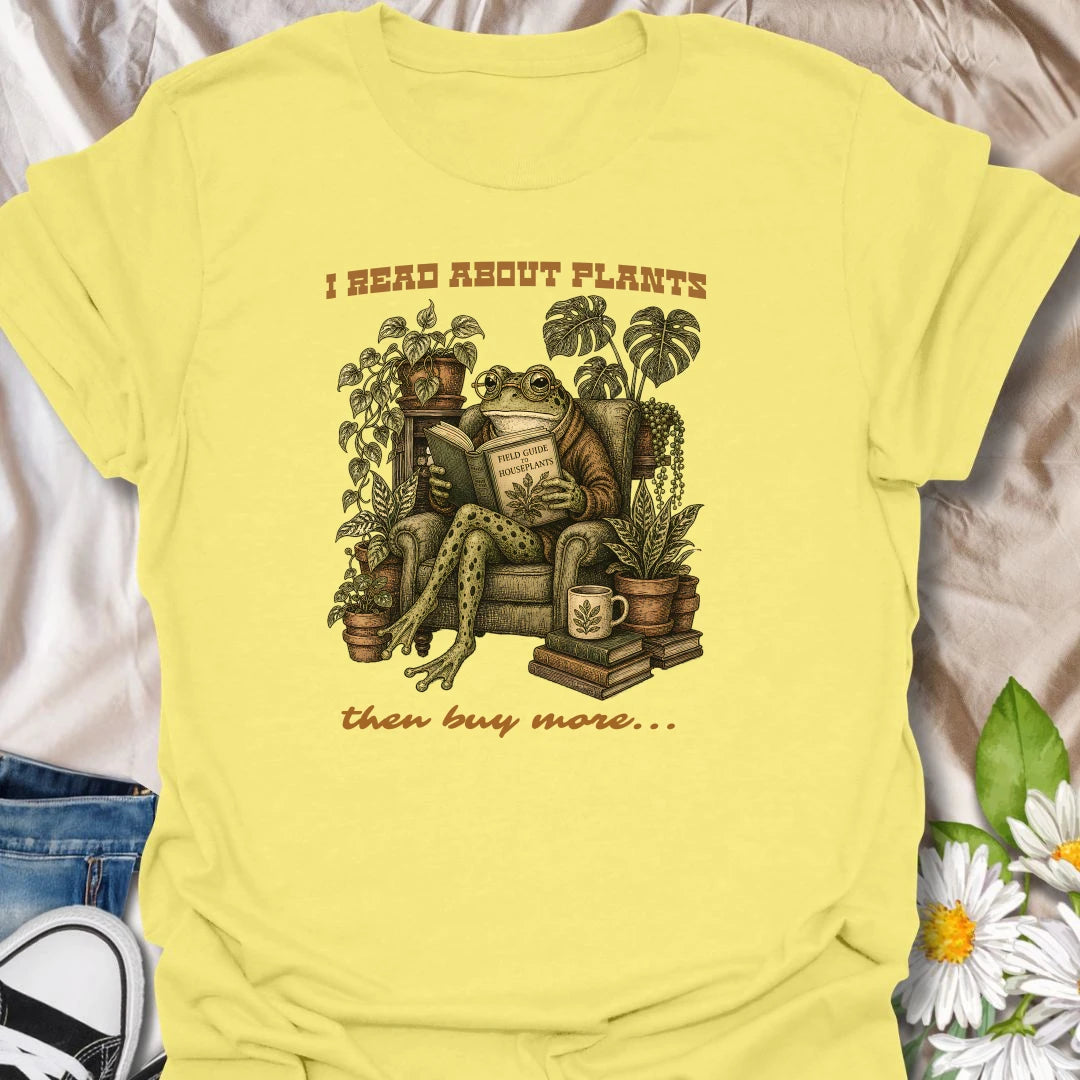 This I Read About Plants Then Buy More t-shirt is made for houseplant lovers who know learning about plants usually leads to bringing home another one. Featuring a detailed vintage-style frog reading a field guide surrounded by lush houseplants, books, and botanical details, this design has a cozy plant-collector feel with a funny relatable message. Perfect for plant moms, plant dads, indoor gardeners, frog lovers, houseplant collectors, and anyone whose plant research always ends in shopping.