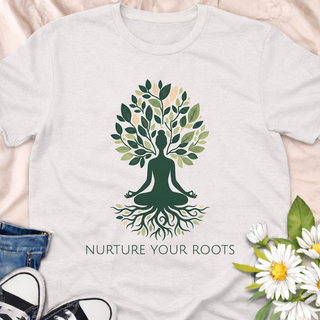 A calming botanical t-shirt featuring a tree of life illustration and the phrase “Nurture Your Roots.” A meaningful nature-inspired tee for plant lovers, gardeners, and anyone drawn to mindfulness, growth, and grounding through nature.