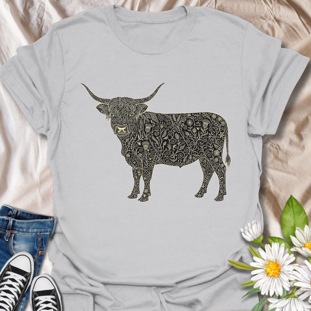 Show off your love for rustic charm and artistic nature with this intricately designed Highland cow graphic t-shirt. Featuring a beautifully detailed floral pattern within the iconic silhouette of a Highland cow, this design is perfect for farm lovers, botanical art fans, and anyone who appreciates country-inspired fashion with a creative twist.