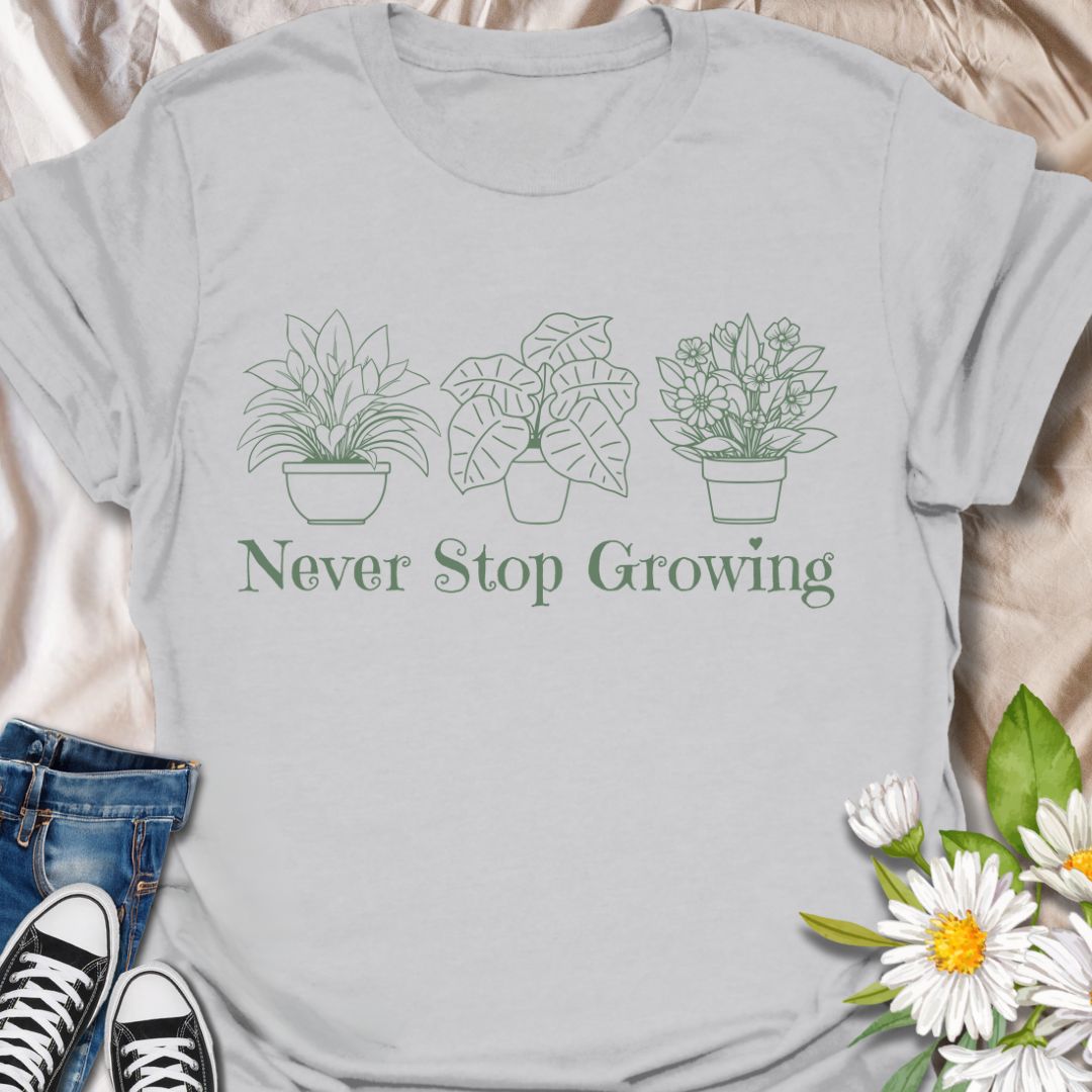 Encourage growth and positivity with this minimalist plant pots t-shirt that reads “Never Stop Growing.” A perfect daily inspiration tee for gardeners, plant lovers, and growth-minded individuals.