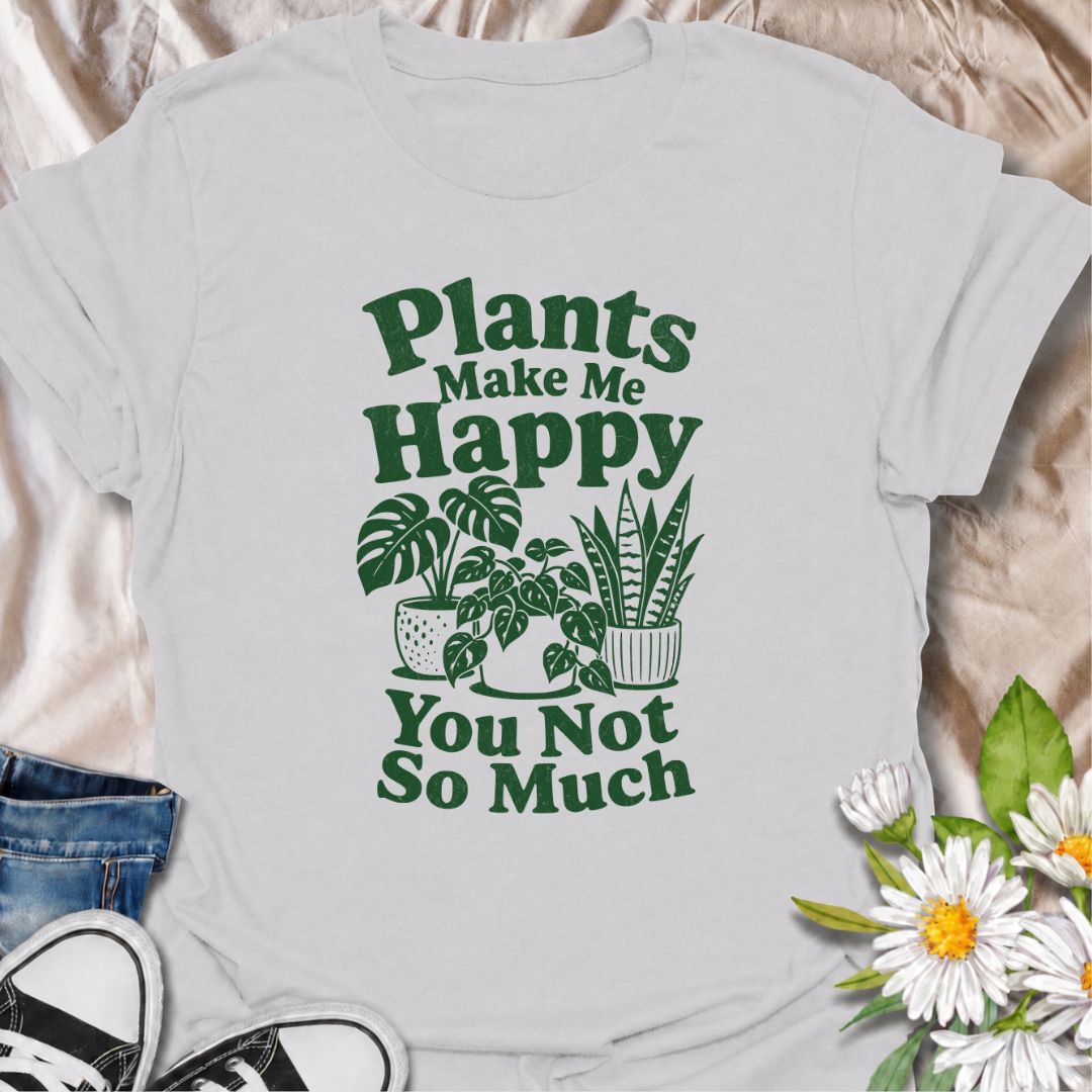 A funny plant T-shirt for anyone who would happily choose houseplants over people. The phrase “Plants Make Me Happy. You Not So Much.” delivers dry, slightly sarcastic humor that plant lovers and indoor gardeners will instantly understand. Featuring simple potted houseplants and bold retro typography, the design stays clean, readable, and easy to wear. It makes a great gift for plant parents, houseplant collectors, and anyone with a growing indoor jungle and a low tolerance for nonsense. Ideal for nursery t