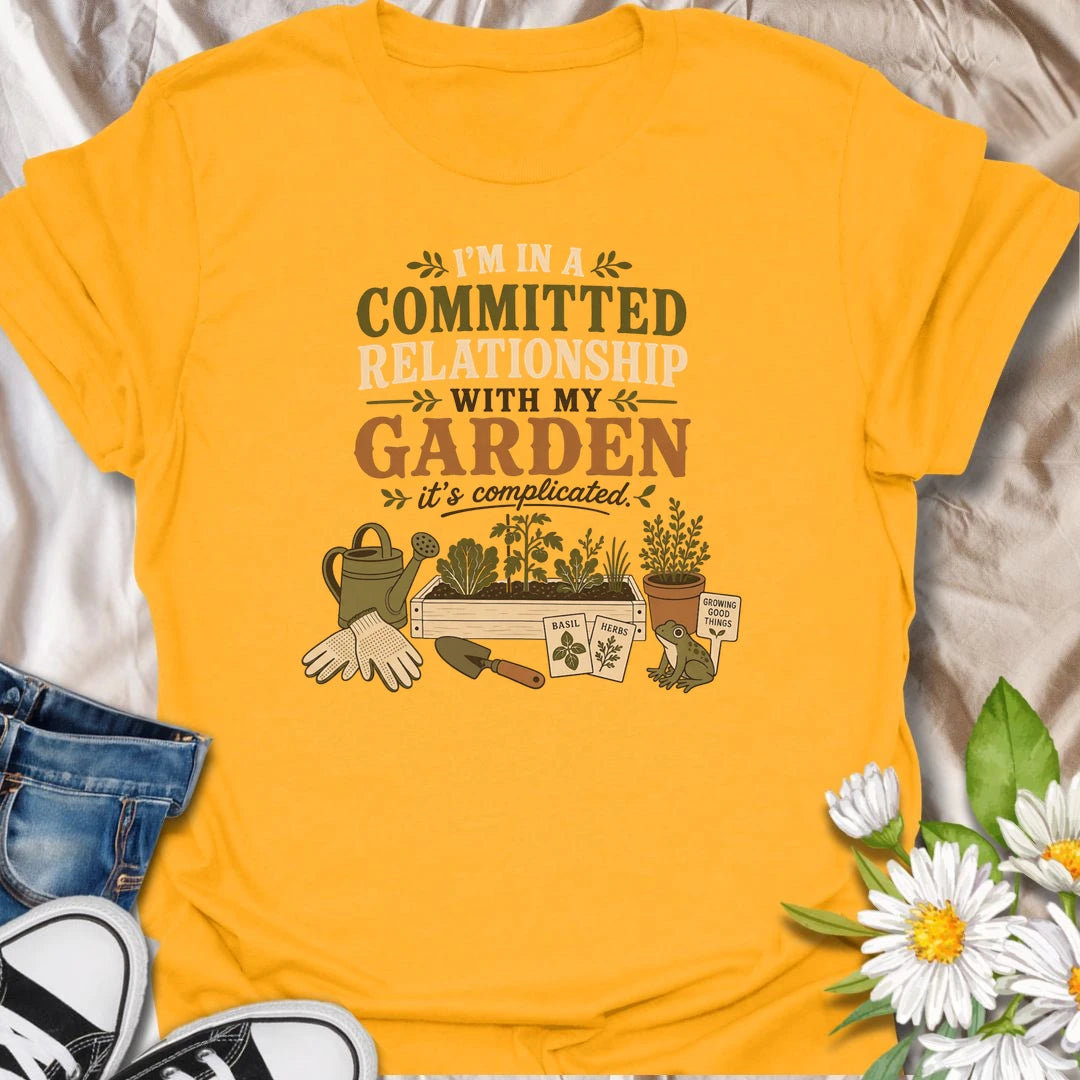 Celebrate your most dependable relationship with this funny gardening T-shirt. Featuring the phrase “I’m in a Committed Relationship With My Garden,” it is perfect for gardeners who would rather spend their time among plants, herbs, and raised beds. A charming gift for garden lovers, plant moms, and backyard growers.