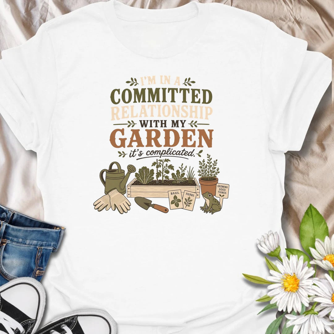 Celebrate your most dependable relationship with this funny gardening T-shirt. Featuring the phrase “I’m in a Committed Relationship With My Garden,” it is perfect for gardeners who would rather spend their time among plants, herbs, and raised beds. A charming gift for garden lovers, plant moms, and backyard growers.