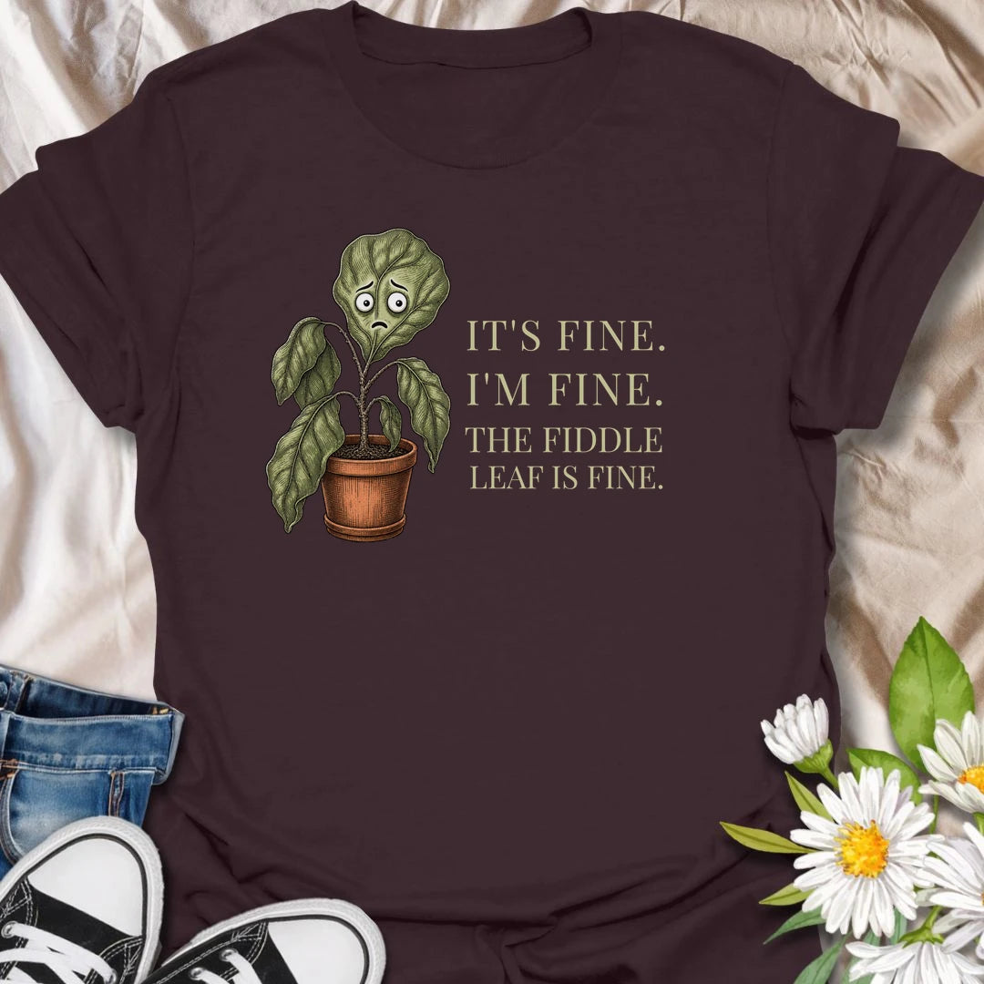 This It’s Fine I’m Fine The Fiddle Leaf Is Fine t-shirt is perfect for plant lovers who know how dramatic houseplants can be. Featuring a worried fiddle leaf fig in a pot with funny botanical text, this relatable houseplant design is great for plant moms, plant dads, indoor gardeners, fiddle leaf fig owners, and anyone trying to convince themselves their plant is definitely fine.