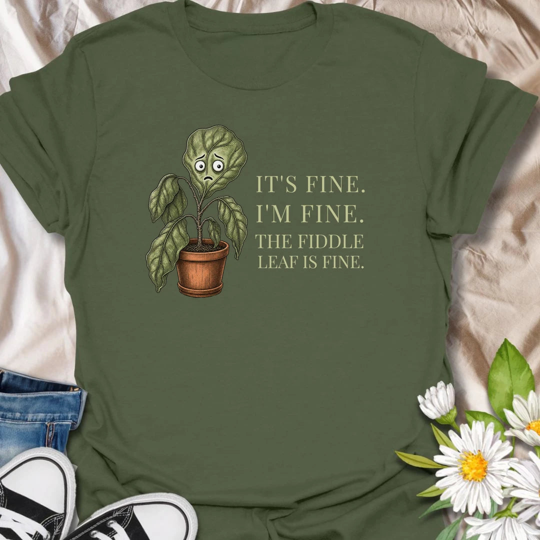 This It’s Fine I’m Fine The Fiddle Leaf Is Fine t-shirt is perfect for plant lovers who know how dramatic houseplants can be. Featuring a worried fiddle leaf fig in a pot with funny botanical text, this relatable houseplant design is great for plant moms, plant dads, indoor gardeners, fiddle leaf fig owners, and anyone trying to convince themselves their plant is definitely fine.