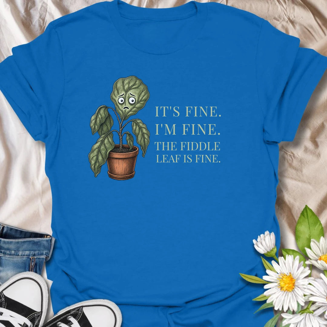 This It’s Fine I’m Fine The Fiddle Leaf Is Fine t-shirt is perfect for plant lovers who know how dramatic houseplants can be. Featuring a worried fiddle leaf fig in a pot with funny botanical text, this relatable houseplant design is great for plant moms, plant dads, indoor gardeners, fiddle leaf fig owners, and anyone trying to convince themselves their plant is definitely fine.