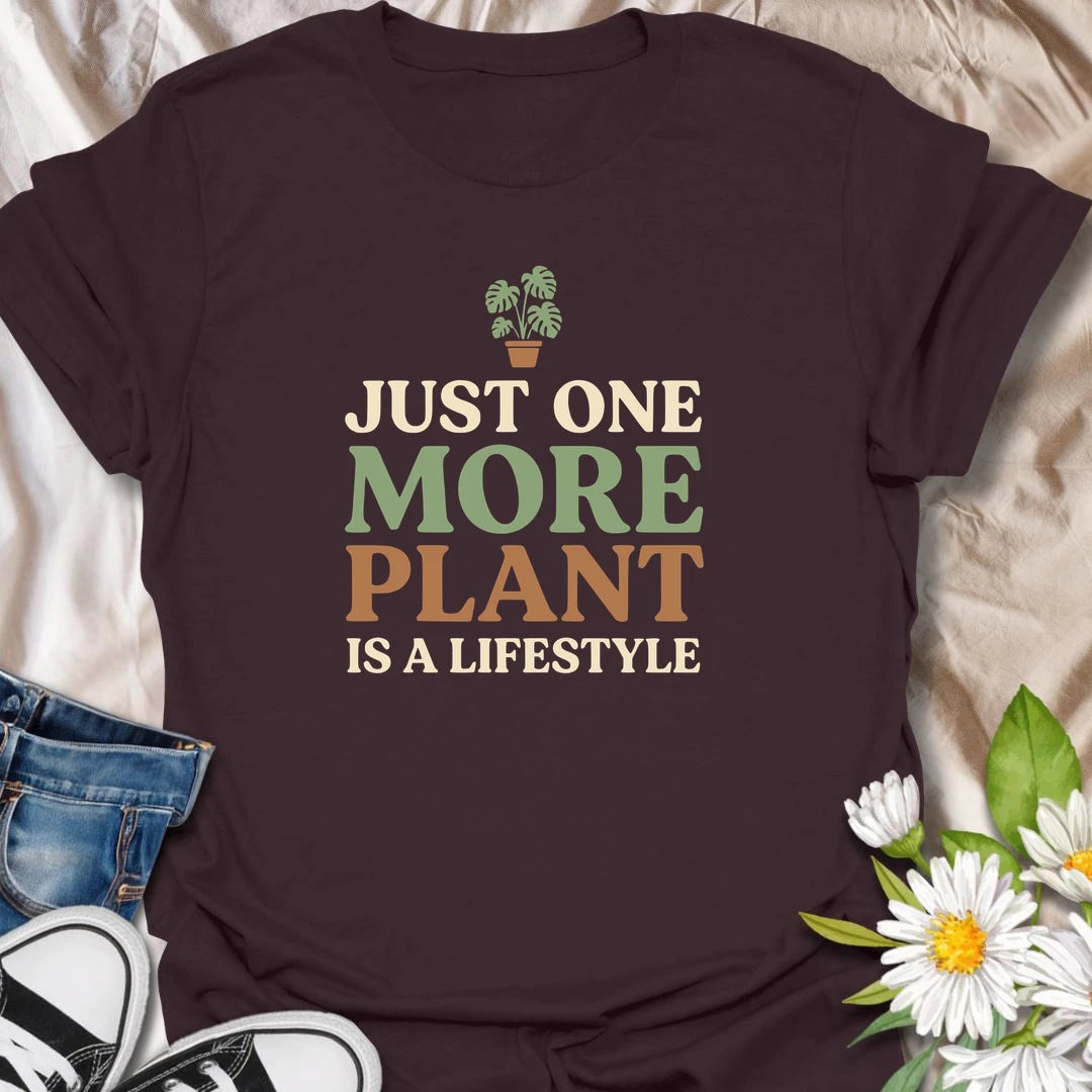 Funny plant lover t-shirt for anyone who knows that just one more plant is a lifestyle.
Features bold stacked text with a clean, simple layout that keeps the message front and center.
Perfect for plant moms, houseplant collectors, and anyone who never stops adding to the collection.