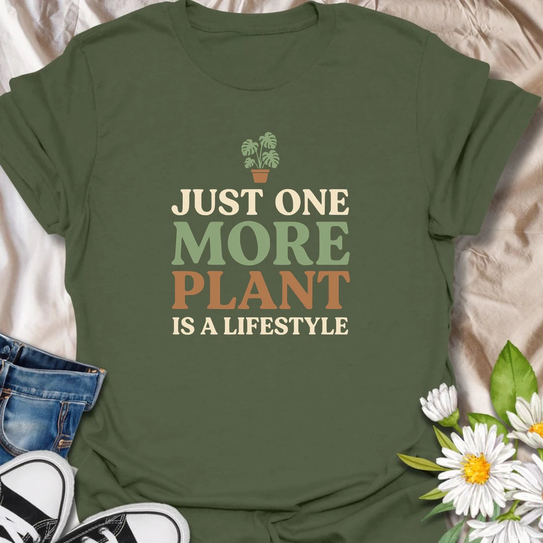 Funny plant lover t-shirt for anyone who knows that just one more plant is a lifestyle.
Features bold stacked text with a clean, simple layout that keeps the message front and center.
Perfect for plant moms, houseplant collectors, and anyone who never stops adding to the collection.