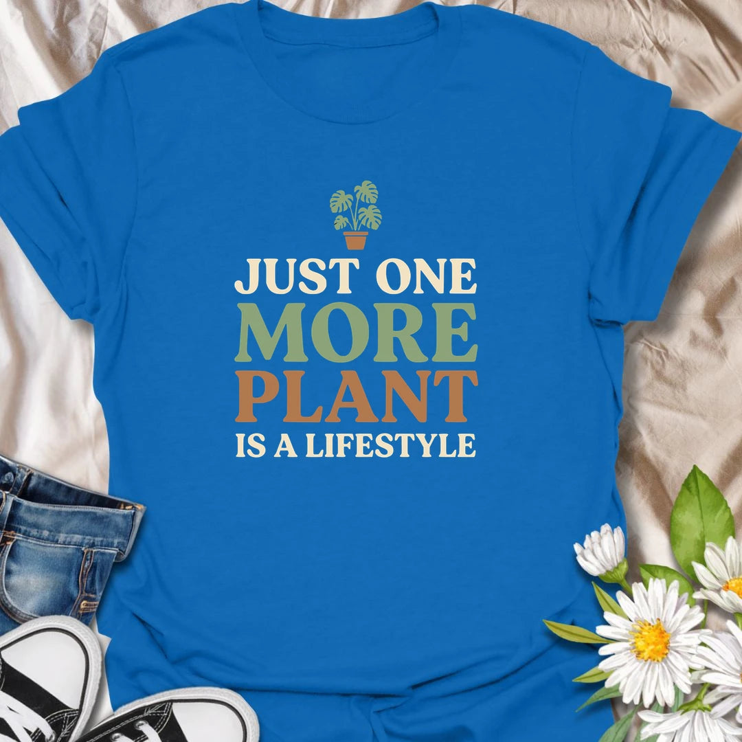 Funny plant lover t-shirt for anyone who knows that just one more plant is a lifestyle.
Features bold stacked text with a clean, simple layout that keeps the message front and center.
Perfect for plant moms, houseplant collectors, and anyone who never stops adding to the collection.