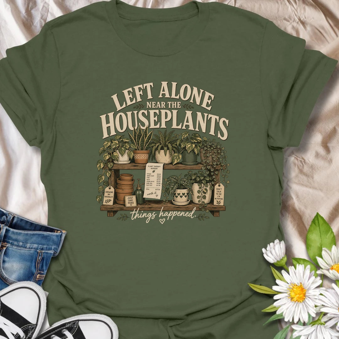 A funny plant shopping T-shirt for anyone who cannot be trusted alone near a nursery display. The detailed design features shelves overflowing with houseplants, empty pots, a shopping receipt, and plenty of new greenery. A perfect gift for plant moms, nursery regulars, and enthusiastic houseplant collectors.