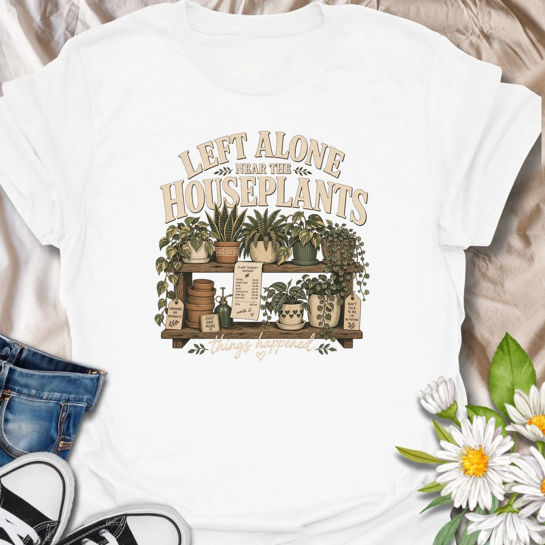 A funny plant shopping T-shirt for anyone who cannot be trusted alone near a nursery display. The detailed design features shelves overflowing with houseplants, empty pots, a shopping receipt, and plenty of new greenery. A perfect gift for plant moms, nursery regulars, and enthusiastic houseplant collectors.
