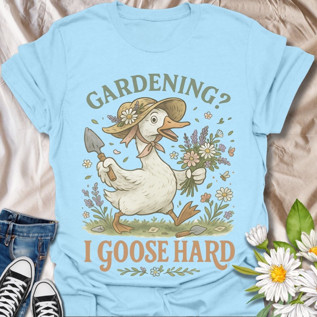 Bring humor and charm to your garden-loving lifestyle with this adorable goose gardening design. Featuring a cheerful goose with flowers and tools, it's the perfect gift for gardeners who enjoy a laugh and love quirky, nature-inspired style.