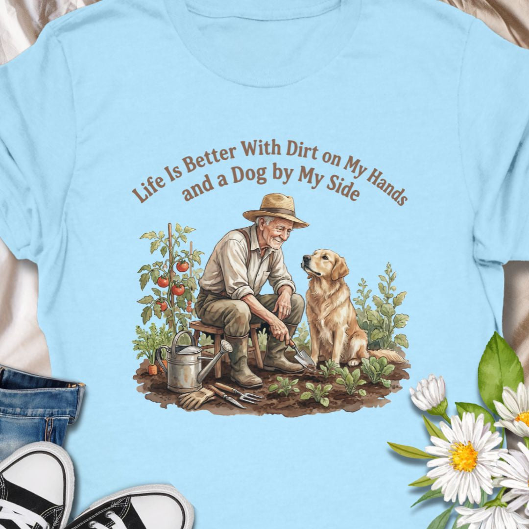 Celebrate the joys of gardening and loyal companionship with this heart warming “Life Is Better With Dirt on My Hands and a Dog by My Side” t-shirt. Featuring a vintage-style illustration of a man and his dog in the garden, this tee is perfect for nature lovers, dog dads, or anyone who finds peace in plants and paws. A thoughtful gift for birthdays, Father’s Day, or just because.