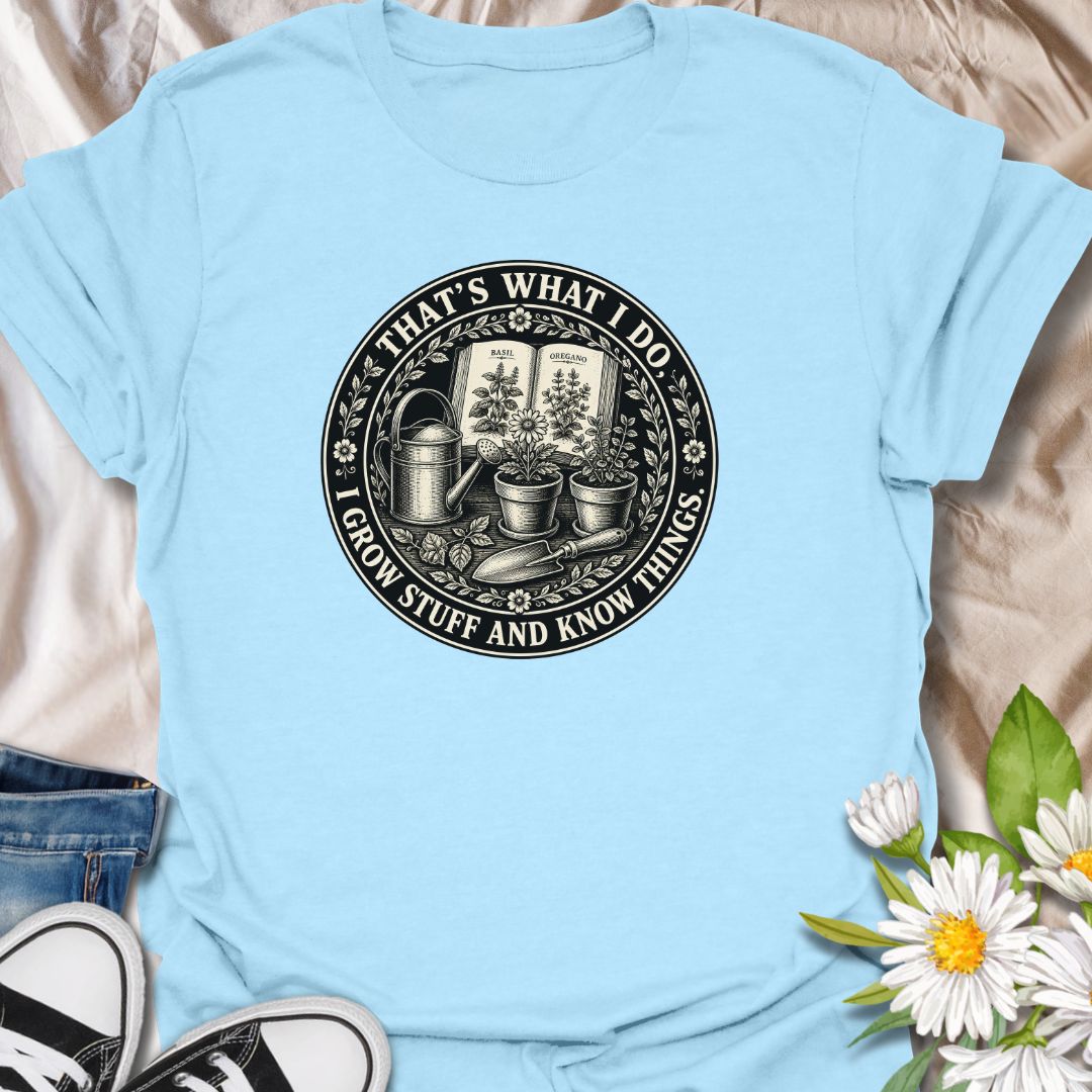 Funny gardening t-shirt with a vintage botanical badge design, perfect for plant lovers, herb gardeners, and anyone who grows stuff and knows things.