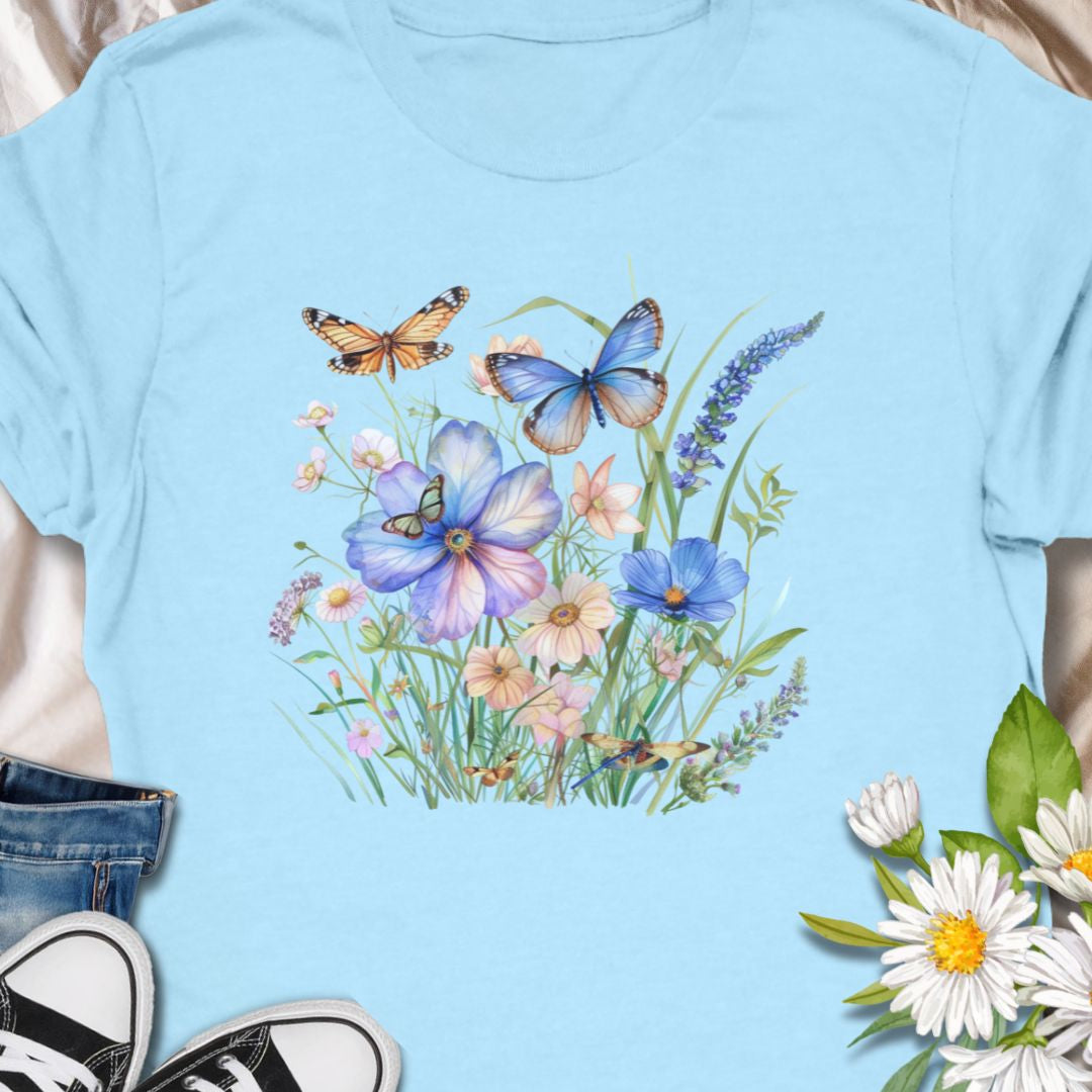Beautiful nature tee with a delicate meadow of wildflowers and butterflies. simple, and quietly evocative. 