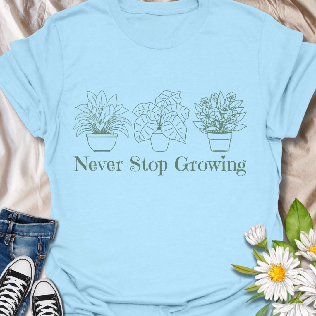 Encourage growth and positivity with this minimalist plant pots t-shirt that reads “Never Stop Growing.” A perfect daily inspiration tee for gardeners, plant lovers, and growth-minded individuals.