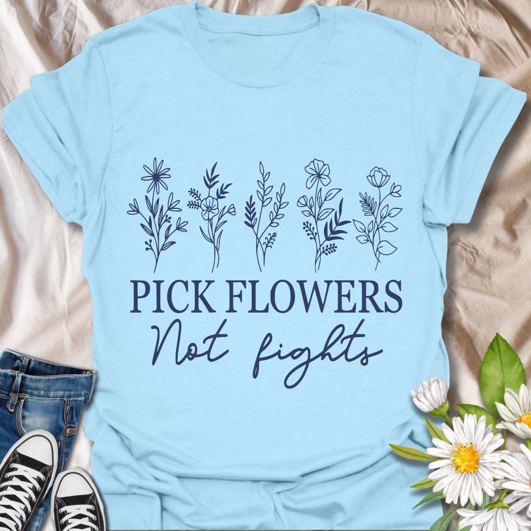 Promote peace and positivity with this “Pick Flowers Not Fights” botanical t-shirt. Featuring minimalist hand-drawn floral illustrations, it’s perfect for garden lovers, plant moms, and kindness advocates.