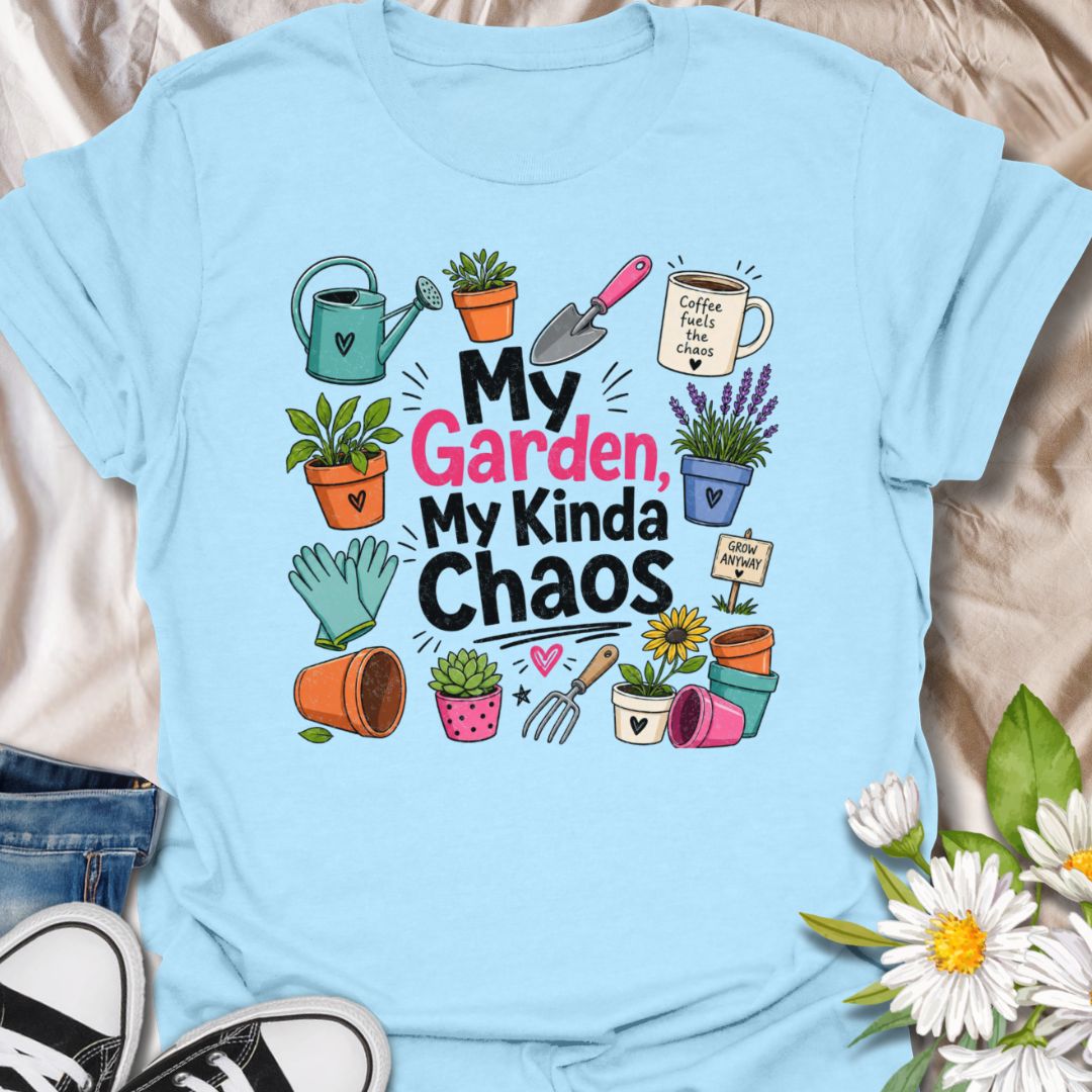 This My Garden My Kinda Chaos t-shirt is made for gardeners who know the best growing spaces are a little messy, colorful, and full of personality. Featuring bold playful typography surrounded by plant pots, a watering can, gloves, garden tools, lavender, coffee, succulents, and cheerful botanical doodles, this design has a fun garden-humor feel for everyday wear. Perfect for gardeners, plant lovers, backyard growers, flower fans, plant moms, and anyone whose happy place is a beautifully chaotic garden.