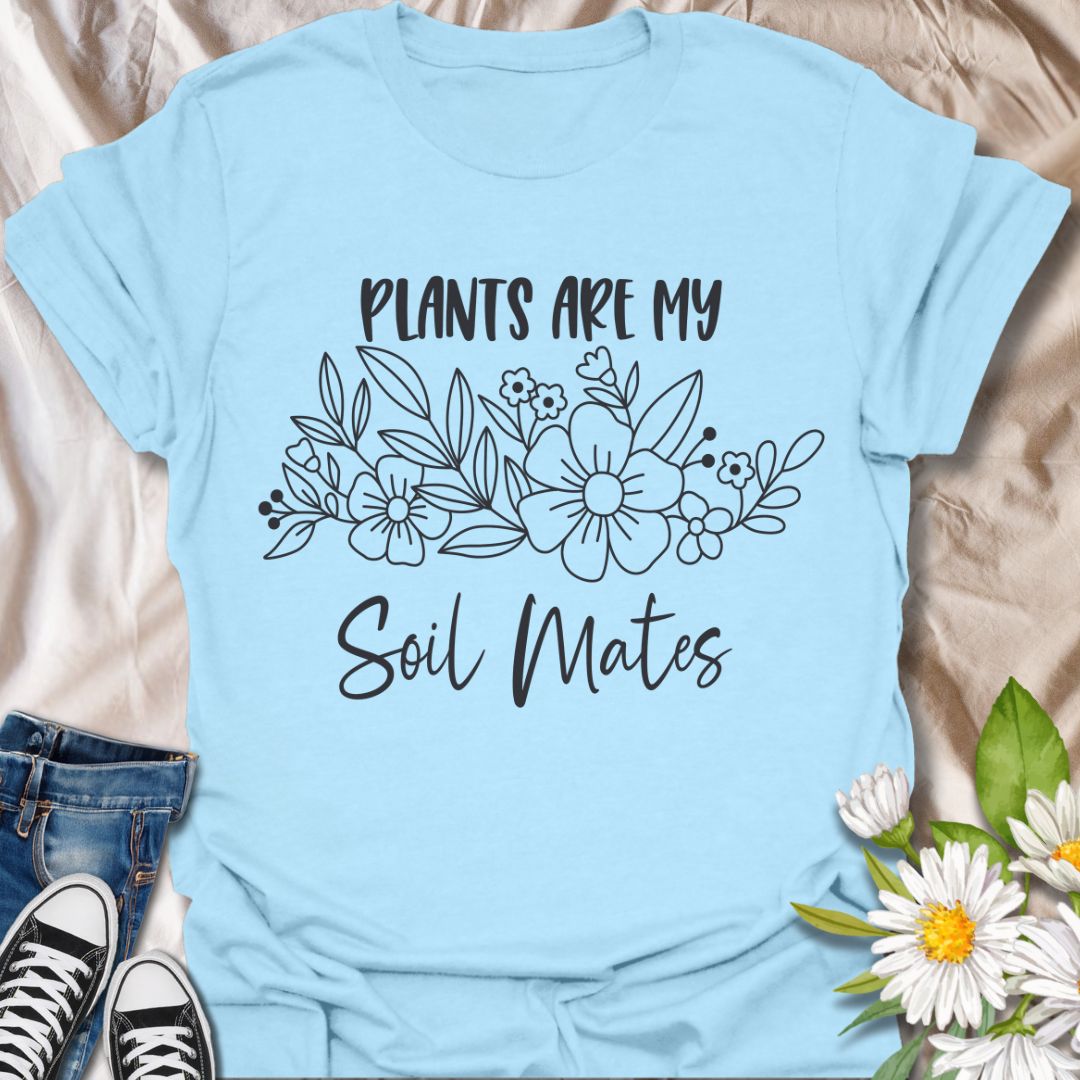 Funny gardening t-shirt with “Plants Are My Soil Mates” quote and floral line art. Perfect gift for plant lovers, garden enthusiasts, nature fans, plant moms, and anyone who loves wordplay, puns, and botanical humor. Ideal for plant parents and green thumb friends.