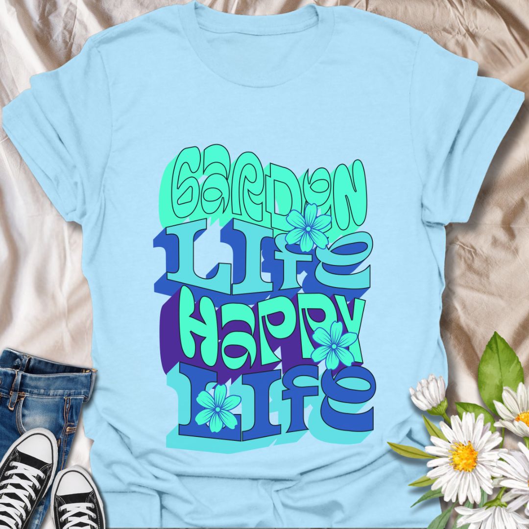 Bright and bold “Garden Life, Happy Life” t-shirt with retro lettering and vibrant floral accents. Perfect for gardeners and flower lovers who live for sunshine, soil, and positive vibes. A cheerful botanical tee for spring and summer joy.