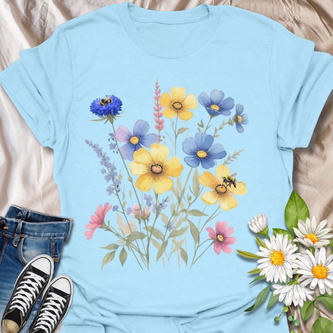 Beautiful floral t-shirt with pastel wildflowers and busy bees. A cheerful, nature-inspired design celebrating pollinators and blossoms. Perfect for bee lovers, gardeners, and anyone who appreciates sunshine, flowers, and the magic of nature in bloom.