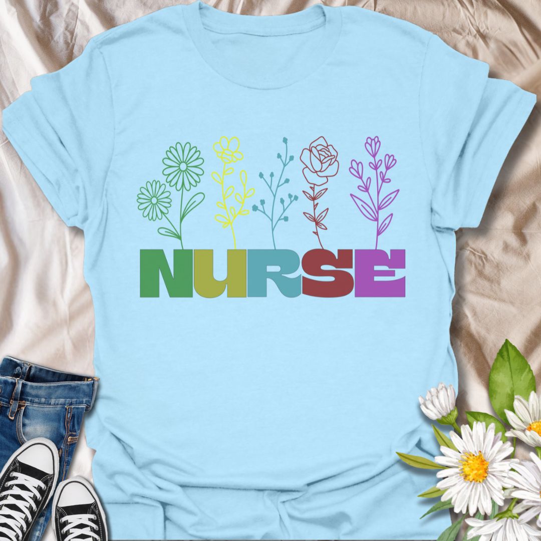Celebrate caring in color with this rainbow floral "NURSE" t-shirt. A vibrant and heartfelt gift for nurses who bring healing and compassion. Perfect for Nurse Appreciation Week, graduations, or everyday pride.