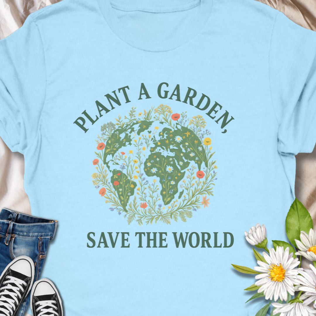 Inspire eco-conscious gardening with this "Plant a Garden, Save the World" t-shirt. Perfect for Earth Day, gardeners, and plant-based lifestyle advocates. This tee carries a gentle message: Plant a garden, save the world. The artful globe filled with leaves, flowers, and tiny pollinators sits center chest—subtle, hopeful, and easy to wear every day. 