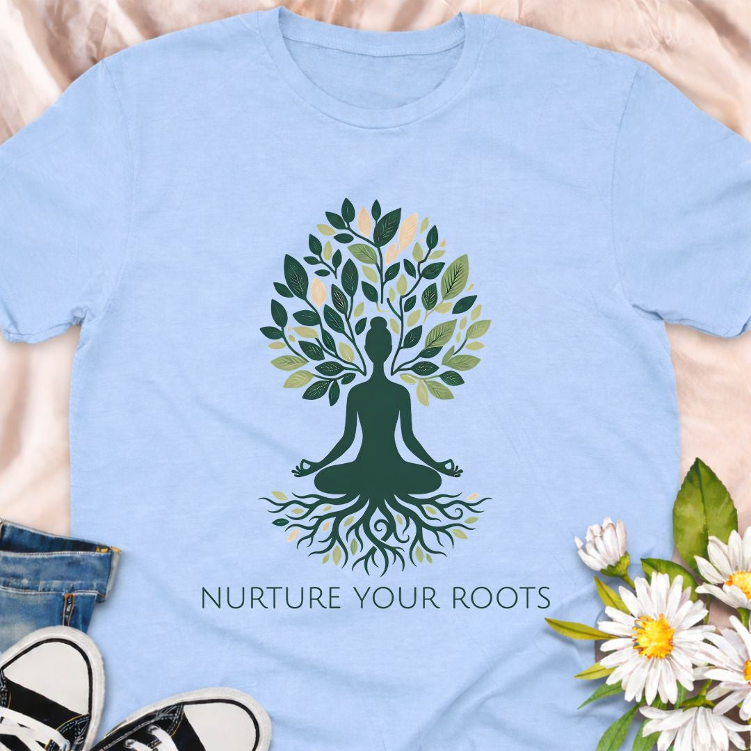 A calming botanical t-shirt featuring a tree of life illustration and the phrase “Nurture Your Roots.” A meaningful nature-inspired tee for plant lovers, gardeners, and anyone drawn to mindfulness, growth, and grounding through nature.