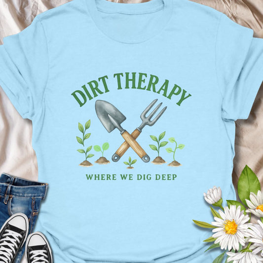 Get grounded with this “Dirt Therapy – Where We Dig Deep” t-shirt, perfect for plant lovers and gardening enthusiasts who find peace in the soil. Featuring gardening tools and seedlings, this comfy and witty tee is ideal for anyone who considers time in the garden their best form of therapy. A thoughtful gift for gardeners, nature lovers, or your favorite plant parent.